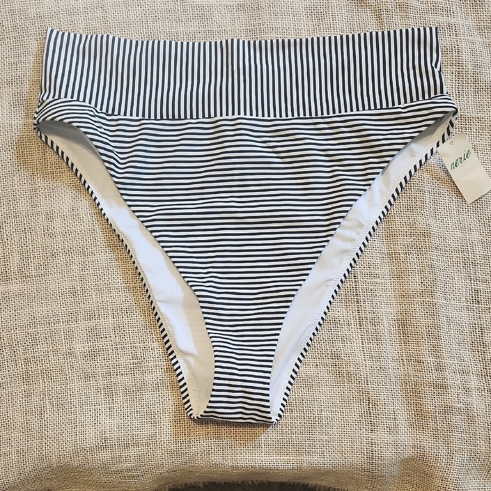 aerie Black and White Striped High-Waist Bikini Bottoms